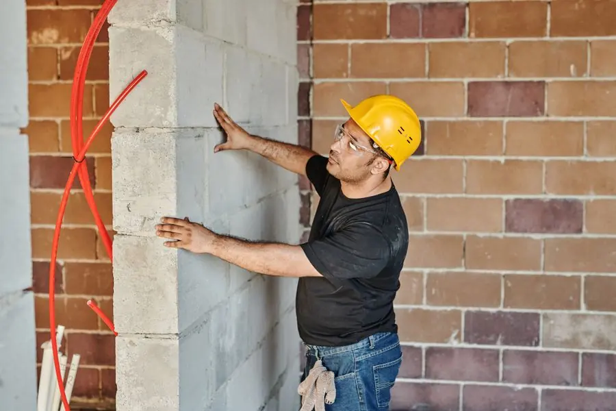 Maçon mesurant un mur en blocs béton avant ouverture